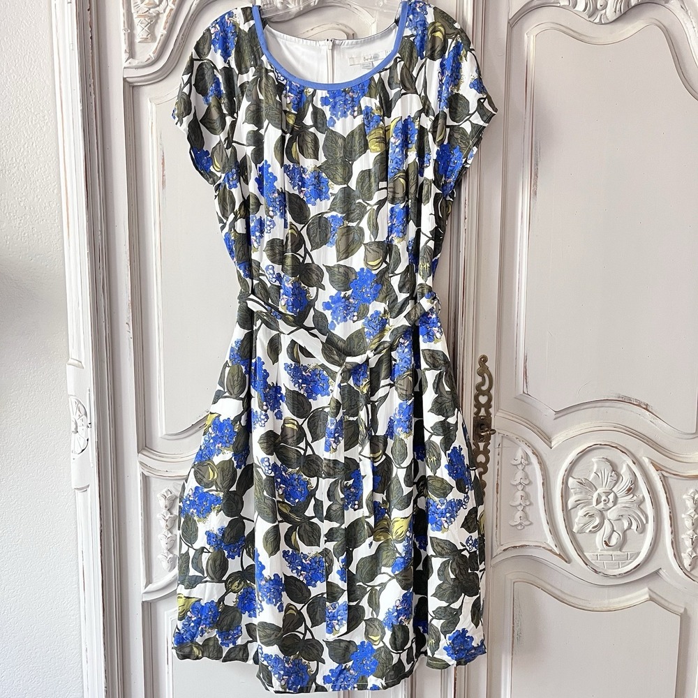Boden Blue Floral Dress Size 14 L Belted Short Sleeve Sheath Cotton Summer